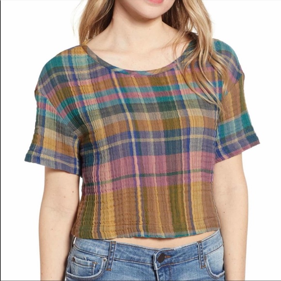 Tops - Bp plaid woven short sleeve crop top